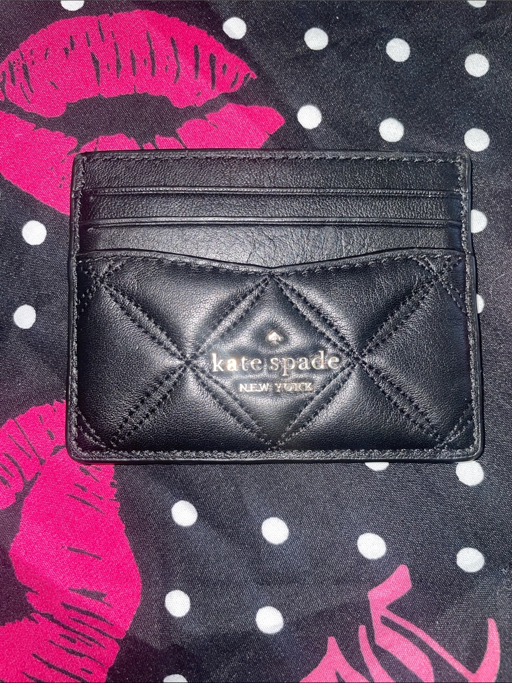 kate spade Black Quilted Leather Card Holder with Gold Logo - Picture 2 of 4